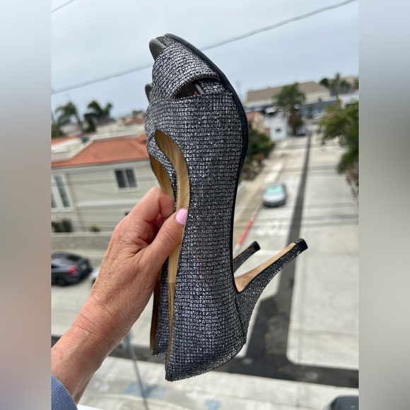 Kate Spade platform silver glitter peep toe 3" pumps sz 9 office mobwife preppy - Picture 4 of 14